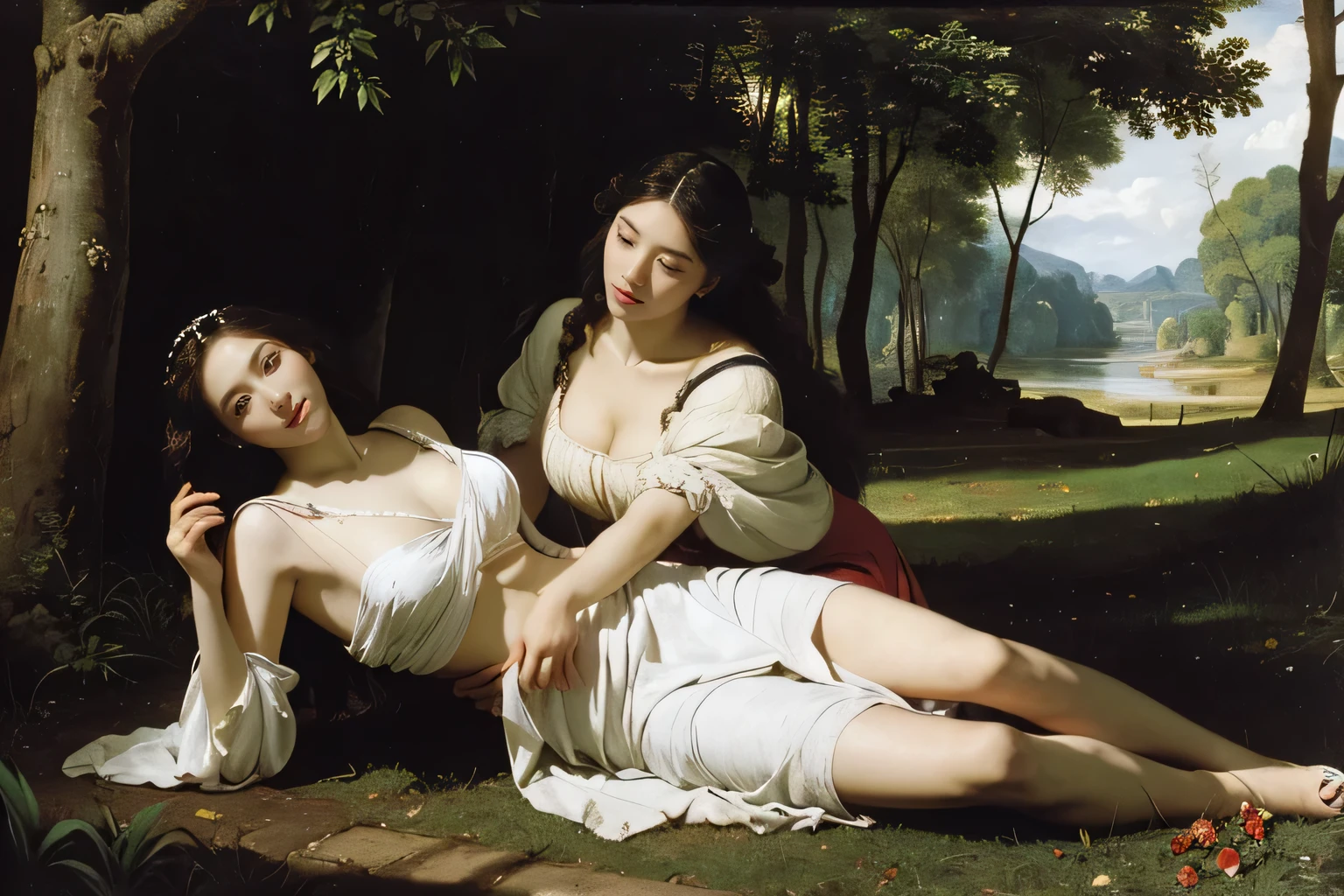 Giorgione painting style,Barbizon forest A beautiful woman in Greek dress smiles on the shore,Sweet and seductive appearance.、Caravaggio's paintings、Chiaroscuro of Caravaggio、hair tousled by the wind,Two women frolicking,cute smile, expression of ecstasy,Sexy,erotic, full body portrait