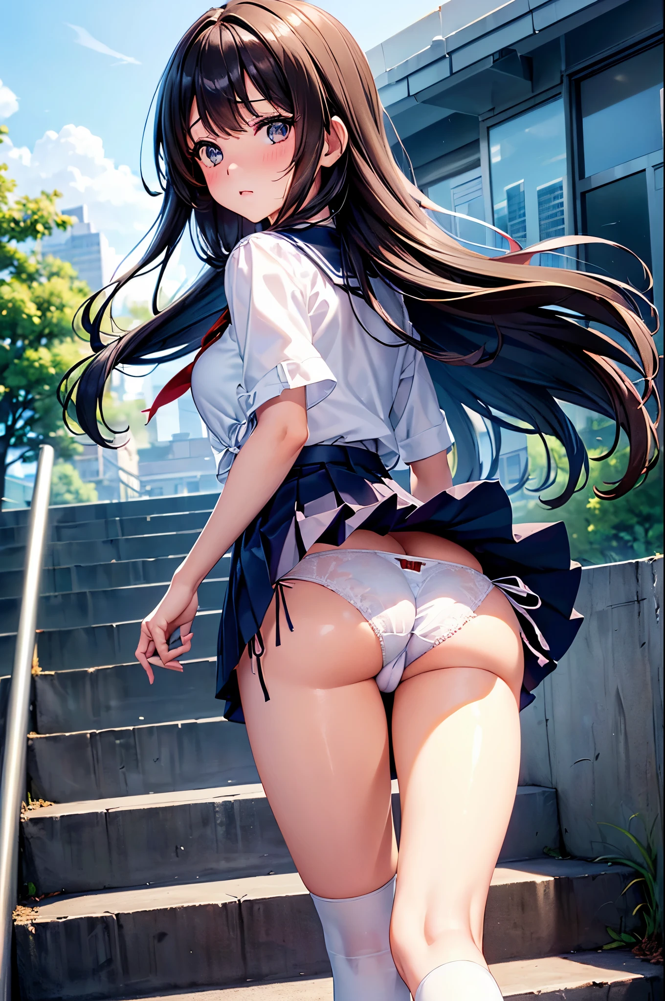 (((masterpiece, highest quality, High resolution, 超High resolution, Perfect Pixel, Depth of written boundary, 4K, RTTX 10.0, High resolution))), Beautiful Anime Woman, Beautiful art style, Anime characters, ((Long Hair, bangs, Dark brown hair, Various hairstyles, Twin tails)), ((Beautiful eyelashes)), ((Detailed face, blushする:1.2)), ((Smooth texture, Realistic texture, Anime CG Style)), Perfect body, (Slender body:1.2), Beautiful and big breasts, Exact finger count、Exact number of legs、(Exact number of arms:1.0, Exact number of hands:1.0), (blush:1), (One woman is walking up the stairs holding her skirt and looking back.:1.3), (Fashionable white shirt, Navy blue sailor collar, Knee-high socks, loafers, Navy pleated mini skirt:1.3), Realistic, highest quality, High resolution, 非常にDetailed face, Perfect lighting, Extremely detailed CG, (Perfect hands, Perfect Anatomy), Embarrassed expression, (City stairs, building, Lots of people in the background:1.3), Daytime lighting, whole body, ((Shiny satin panties hidden under skirt, Side-tie white panties:1.3)), Angle from directly below the rear、(Beautiful and thin thighs:1.3), (The wind flips up my skirt, Stick your ass out:1.2)
