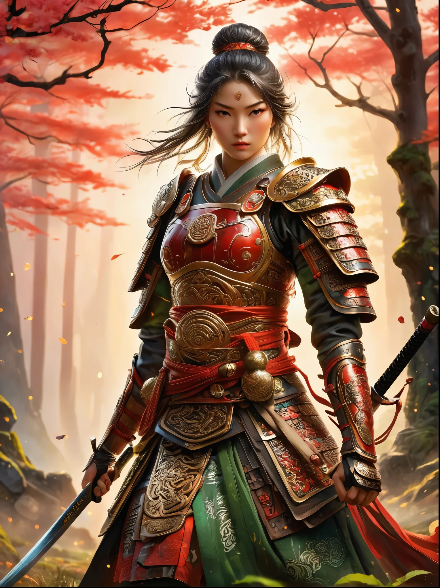 Fierce female warrior of Celtic descent，Wearing traditional samurai armor，The armor is intricately decorated with Celtic symbols，Dynamic poses，Bright Lights，Combination of natural light and weak artificial lighting，Fascinating chiaroscuro effect，The atmosphere of an 18th century woodcut，Bright colors，Exquisite details，Mysterious forest，Cherry tree，Celtic ruins，The seamless fusion of two cultural elements creates an epic sense of adventure and honor，A true reflection of the essence of Japanese and Celtic traditions，full-body shot，Cartoon Style，Super Detail，Anatomically correct, masterpiece, accurate, textured skin, super detail, high details, award winning, 8k