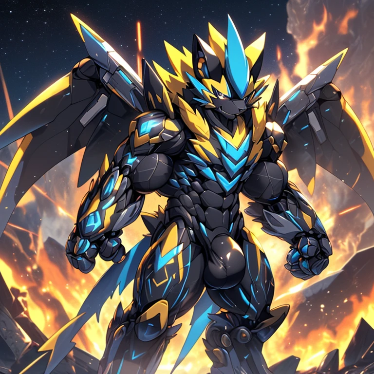 In space，(ZERAORA, 8K), 
NSFW, Additional details: (masterpiece, official art, 8k, best quality) terrifying and imposing design, (smoke and flames rising from the destruction in the background, a lone figure) (high-tech bio-mecha armor, real texture material), (gigantic muscles, Gigachad Muscular, big muscle, pecs, triceps, traps, unusually developed muscular body, body full of huge muscles. showing off muscles, pectorales enormes, Exaggeratedly huge muscles.),(Spread wings, It has wings, have big wings, golden wings), (whole body shines like metal, Wearing cyberpunk mecha, emphasizes the muscles, suit fully made of metal, intricate armor, Robotic suit, suit fully made of metal, cyborg), (giant zeraora, Zeraora's giant robot, Powered exoskeleton with the same design as Zeraora), (Masterpiece, highres) (Detailed head, Detailed Body, Detailed abs, full body), (black color hyper penis, hyper black penis), gundam, 