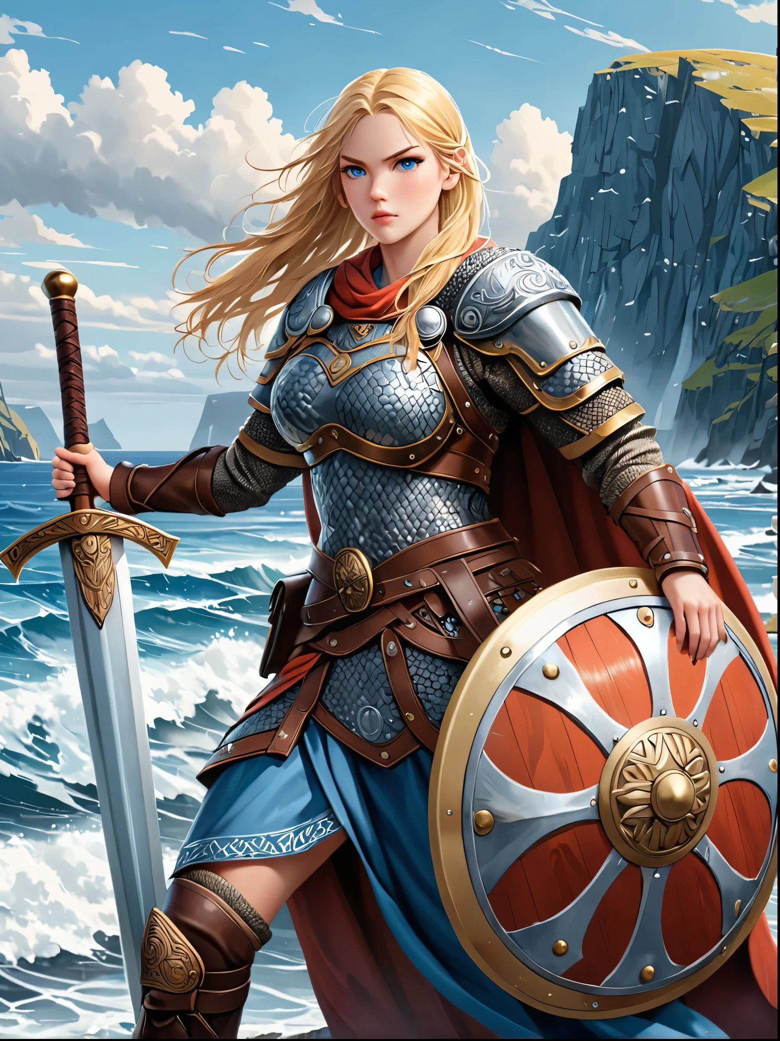 Nordic Viking female warrior，Armed with a large shield and a double-edged sword，The helmet is beside me，Strong build，Blonde hair fluttering wildly in the cold wind，Sky blue eyes，Nordic patterns on clothing，The background depicts the rugged coastline of the cold North Sea.，full-body shot，Cartoon Style，Super Detail，Anatomically correct, masterpiece, accurate, textured skin, super detail, high details, award winning, 8k