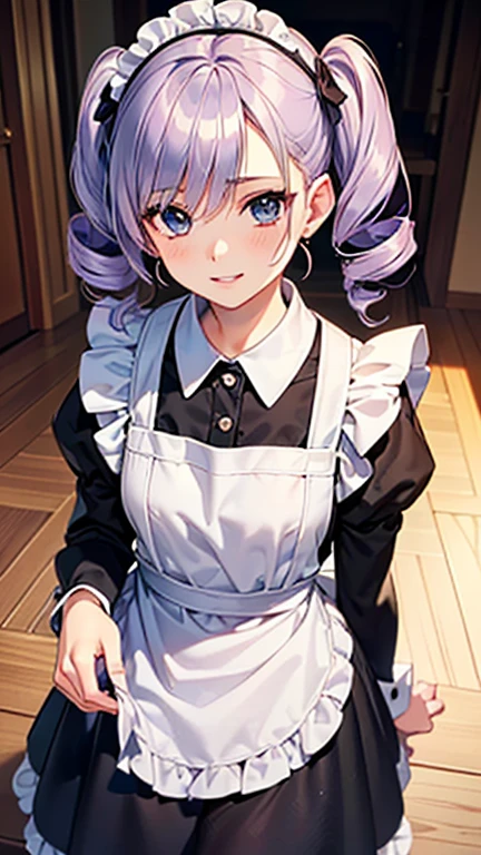 A girl is posing for a photo,pretty girl,Enchanting girl,Anime Girls,
(((One Girl,Baby Face,16 years old))),
BREAK 

((Black long sleeve maid outfit - long skirt、White apron、With ruffled collar、Black Stockings、Black heel shoes))、Earrings、Black nail polish、
BREAK 

((Light purple hair)), ((Drill Hair - Twin Tail、Wavy Hair、Hair blowing in the wind))
(Drooping eyes,blue eyes),(Small ???????),
BREAK 

(Beautiful Hair,Shiny Hair),
(Expression of fine eyes,Beautiful and delicate eyes,Sparkling eyes,Eye Reflexes),
(double eyelid,Long eyelashes),
(Beautiful Nose,Thin Nose),
(Glossy lips,Beautiful Lips,Thick lips),
(Symmetrical facial features,Perfect Face),(((Detailed skin,Oily skin,Textured skin,Beautiful Skin))),
BREAK 

(Wicked Smile),
((noon、Western-style architecture:1.4、corridor、sunlight)),((Turn your body towards the viewer、Upper Body Shot)),
BREAK 

(((highest quality)),((masterpiece)),((Very detailed))),((High resolution),(8k),(16k,1080p),(Anime 2D Rendering)),(Anatomically correct),
((Realistic)), (The best CG),Highly detailed art,CG illustration,
