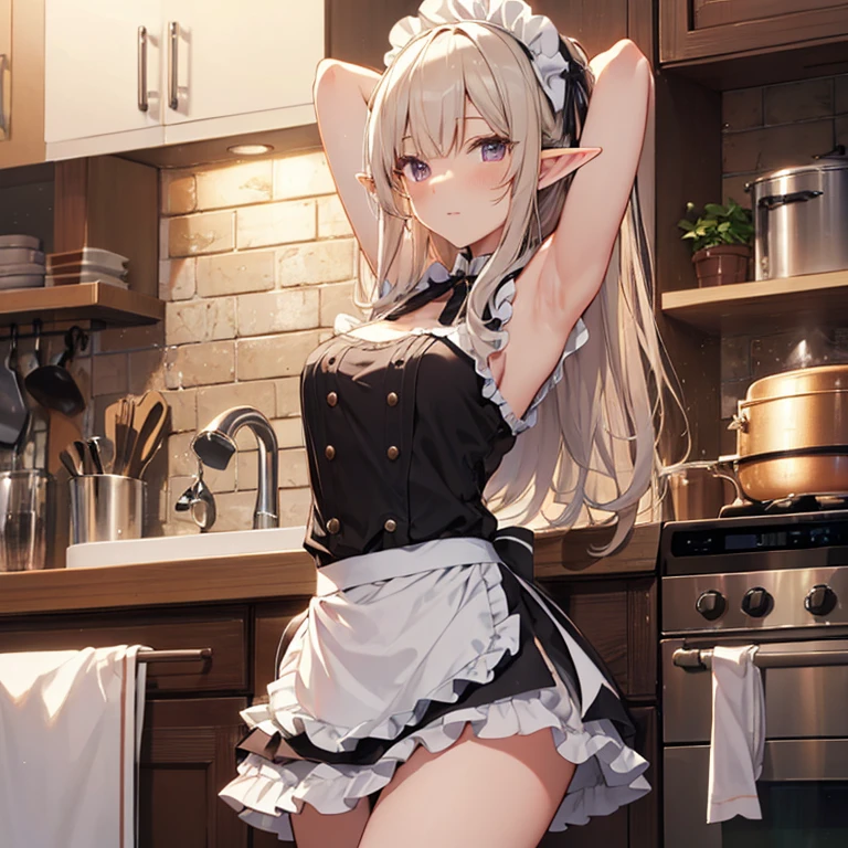 A maids, (in kitchen), various hair styles, night, details face, short skirt, seducing, sleeveless, maid uniform, armpits, elf