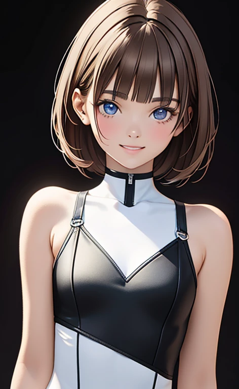 (Photorealistic:1.4)、(,20-year-old:1.5),(masterpiece、Blue lighting:1.5、Blue lens flare:1.5、Blue spot light:1.2、Exquisite beautiful eye:1.5,portlate),(kind eyes、tareme:1.9),(Being in the dark、Illuminated by blue lighting from the front:1.8、deep shadows:1.5)
、Cute Face、 3D Face、(light brown hair:1.5)、(pixie cut),(sidelock :1.5),(blunt bangs:1.3),(1 woman)、(Red eyes:1.2)、(upper body:1.5)、(clear face:1.5)、(head tilt) ,(Cute face:1.2),(flat chest),(),kind face,(white Bodysuit with cut out),(black background:1.5)、()、()、 Neat and clean、Adorable、Demure,Slim Body(),Shiny Hair、()、Nijisketch,Manga,smiley face, grin