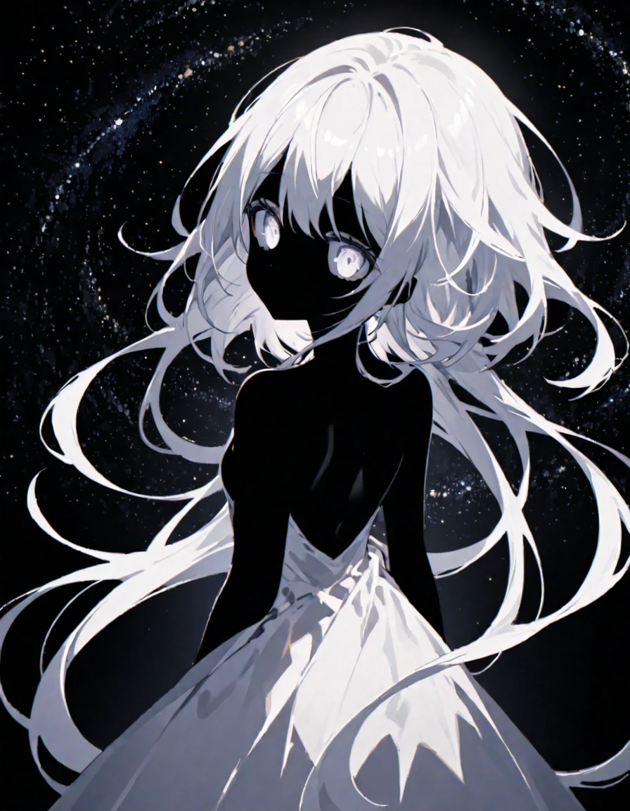 Silhouette of a girl on a black background, body in the form of a starry sky, white eyes, a black hole is distantly visible in the hair