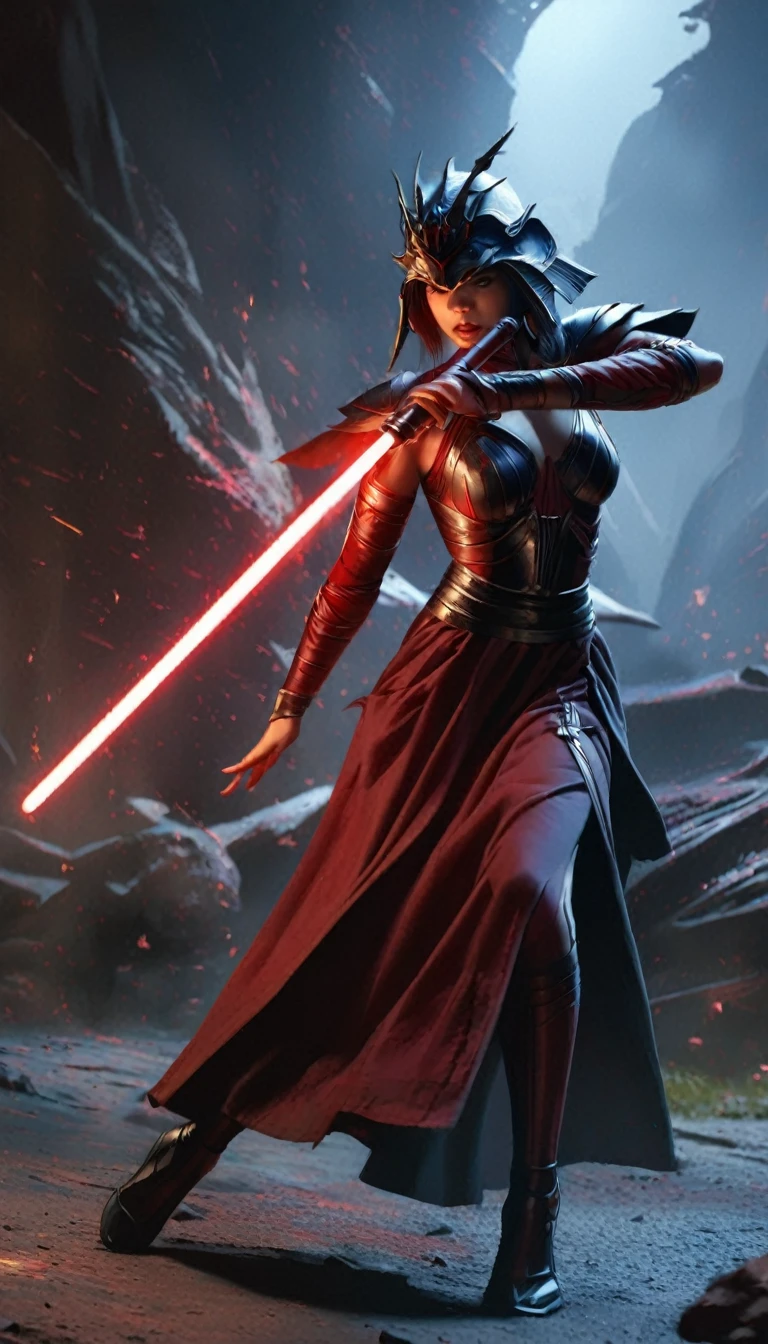 (full body shot:1.4), female warrior, sith lord, star wars, red lightsaber, intricate details, dramatic lighting, dark fantasy, chiaroscuro, cinematic composition, dramatic pose, dynamic action, moody atmosphere, deep shadows, vibrant colors, photorealistic, 8k, masterpiece