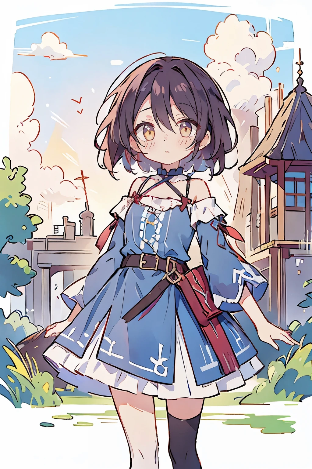 Hui Xiyi, Rekkyo Sensen, fantasy world, ruins, fort, beautiful sky, shining sky, sunshine, camisoles, belts, blue clothes, cross, choker, wind blowing dress, lace dress, off-shoulder sleeves, white tights