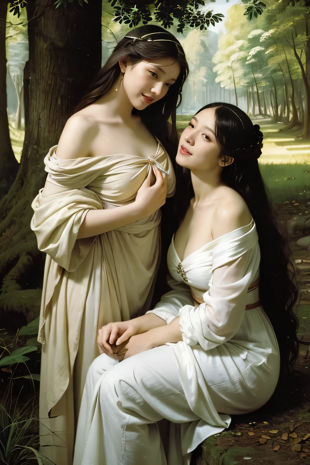 Giorgione painting style,Barbizon forest A beautiful woman in Greek dress smiles on the shore,Sweet and seductive appearance.、Caravaggio's paintings、Chiaroscuro of Caravaggio、hair tousled by the wind,Two women frolicking,cute smile, expression of ecstasy,Sexy,erotic, full body portrait