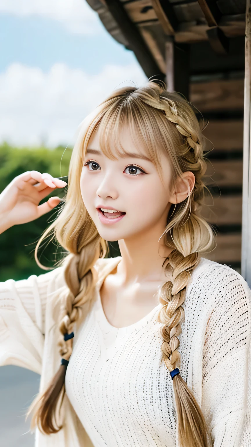 Sexy Big 、Sexy cute looks and cute 15 year old beautiful girl, beautiful and sexy face、A strong wind blows my hair in front of my face、beautiful long blonde French braided hair、beautiful, Cute and sexy eyes hidden behind long bangs、Yawn、Double teeth、