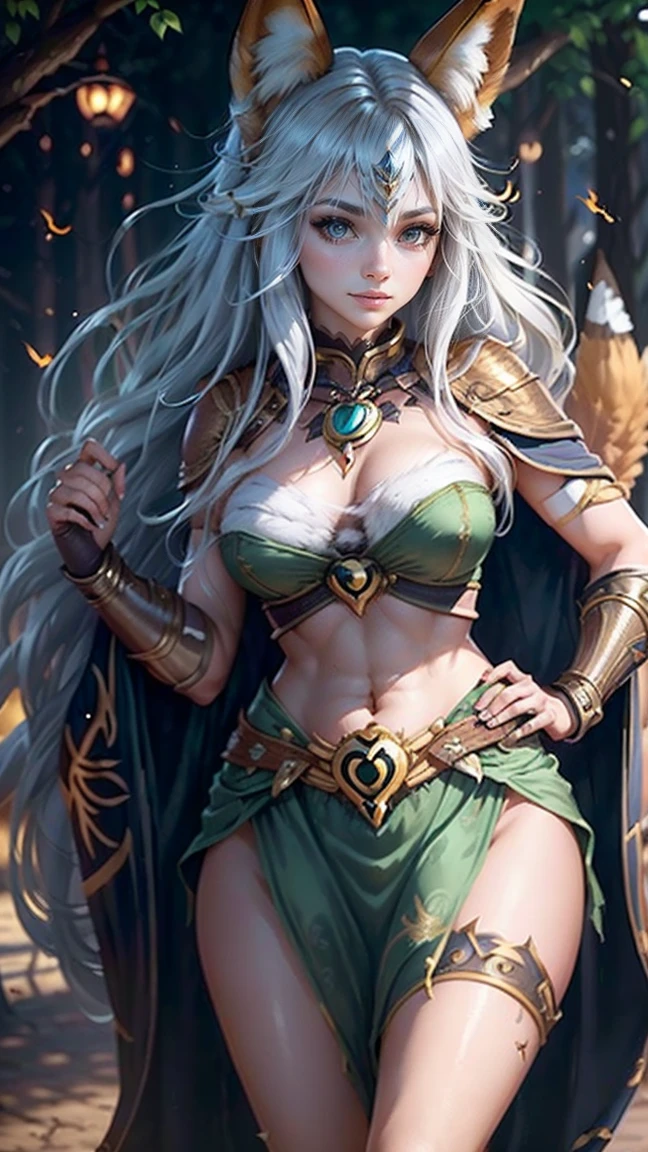 highest quality、masterpiece、8k、Realistic、超High resolution、Very delicate and beautiful、High resolution、Cinema Lighting、medium range shooting、Portraiture、Perfect female body、(Mid-chest:1.3)、Opposition、Looking at the audience、((Fox:1.8))、((Long Hair:1.3、Slim fit:1.4))、Deep green eyes、Colours in harmony with nature、hole々Handsome face、A feminine and supple body、A smile suits you、Physically slim、Feel the strength of a warrior、((Town Girl's Costume:1.6))、Warm and smiling、Be considerate and、Approachable、hole々Walk with purpose、Confident Steps。