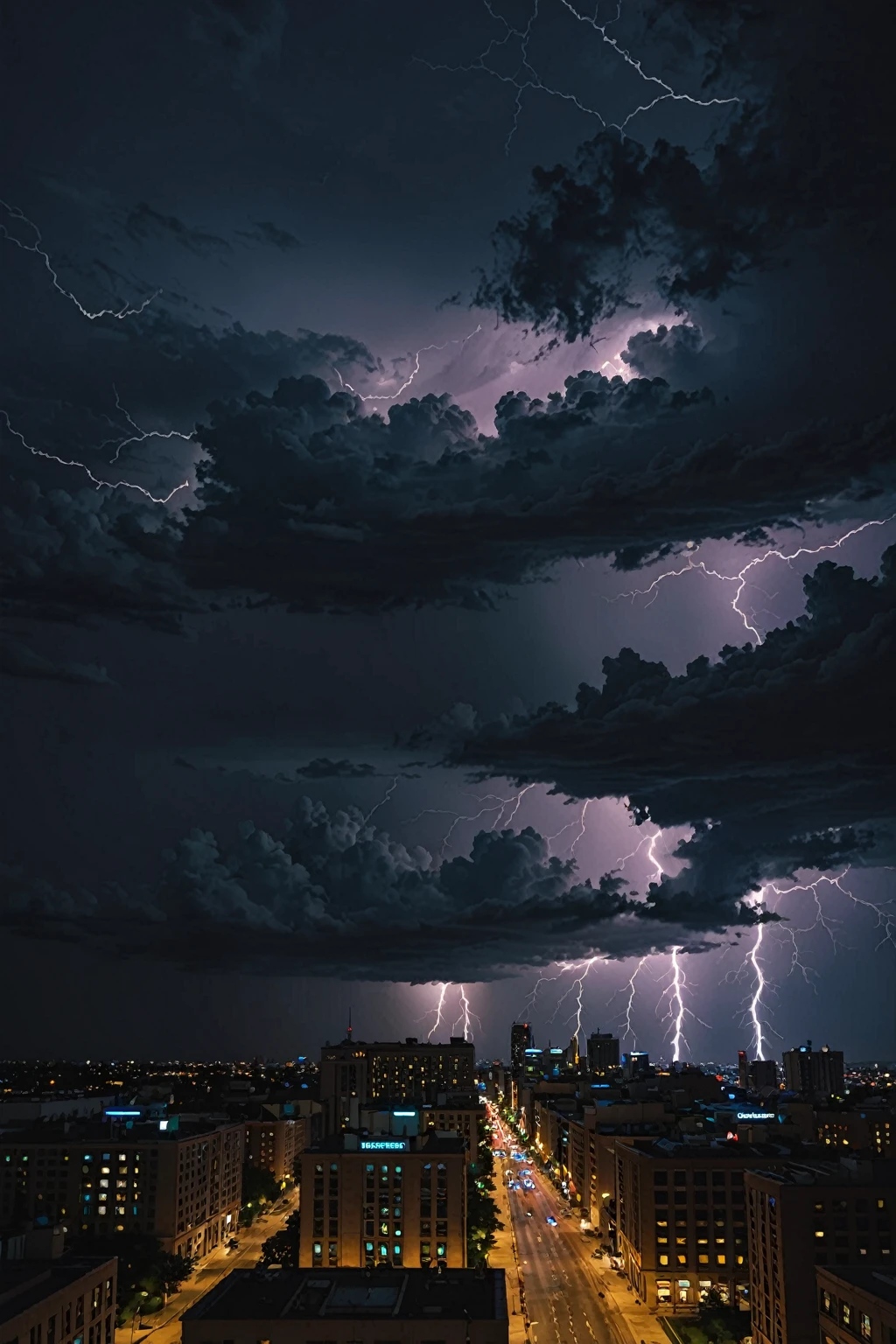 Nighttime cityscape during a thunderstorm