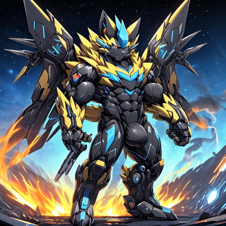 In space,(ZERAORA, 8K), destroy the earth,
NSFW, Additional details: (masterpiece, official art, 8k, best quality) terrifying and imposing design, (smoke and flames rising from the destruction in the background, a lone figure) (high-tech bio-mecha armor, real texture material), (gigantic muscles, Gigachad Muscular, big muscle, pecs, triceps, traps, unusually developed muscular body, body full of huge muscles. showing off muscles, pectorales enormes, Exaggeratedly huge muscles.),(Spread wings, It has wings, have big wings, golden wings), (whole body shines like metal, Wearing cyberpunk mecha, emphasizes the muscles, suit fully made of metal, intricate armor, Robotic suit, suit fully made of metal, cyborg), (giant zeraora, Zeraora's giant robot, Powered exoskeleton with the same design as Zeraora), (Masterpiece, highres) (Detailed head, Detailed Body, Detailed abs, full body), (black color hyper penis, hyper black penis), gundam,