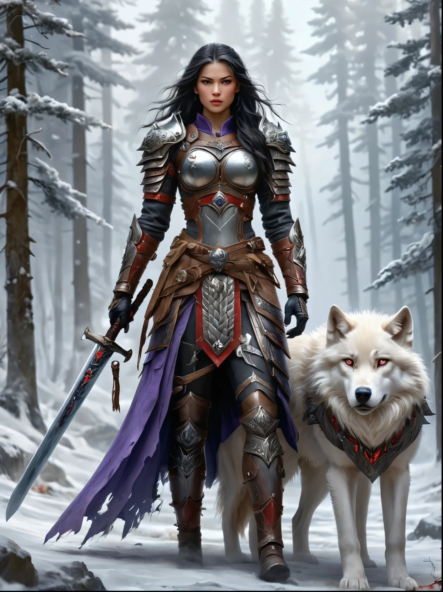 north female warrior，Wears a steel breastplate with wolf decoration，Lined with wolf leather，Lined leather amulet，Black long hair，Violet eyes，Wielding a long sword，(1 red-eyed albino direwolf standing beside her)，Mountains，Quiet snow forest，full-body shot，Cartoon Style，Super Detail，Anatomically correct, masterpiece, accurate, textured skin, super detail, high details, award winning, 8k