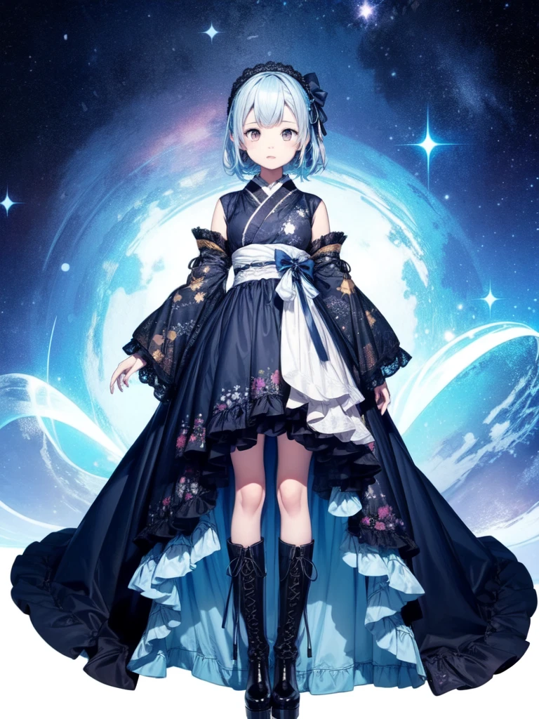 (((1girl)))、Star Fairy、vtuber-fullbody、(((highest quality、Masterpiece、The best composition、Golden Ratio、Official Art、Super detailed、Super detailedな目)))、ultra detailed, from front, headshot、 blue and white hair color、Short bangs above eyebrows、Short Hair、Standing in front of the viewer、A galaxy patterned outfit made from a remake of kimono and gothic lolita, with dark blue and light blue as the main colors.、The sleeves are long and the hands are hidden、Knee-high boots、Pure white simple background、