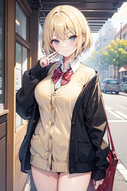 masterpiece Blonde Bob High school girls Petite Big Breasts Dubious smile cardigan Put your index finger up to your mouth whole body Gal Detective