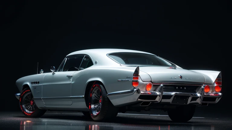 1960s luxury sedan, futuristic car, detailed rear view, reflective metallic paint, chrome accents, glowing neon lights, cinematic lighting, hyper-realistic, 8K, photorealistic, dramatic shadows, vibrant colors, retrofuturistic style, masterpiece