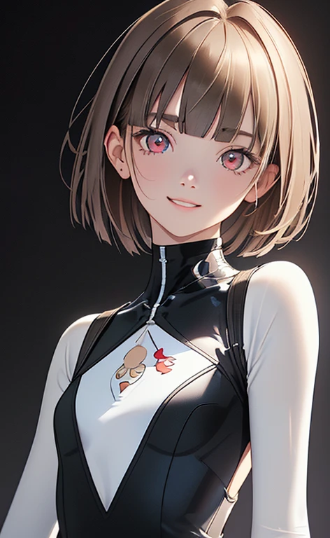 (Photorealistic:1.4)、(,20-year-old:1.5),(masterpiece、Blue lens flare:1.5、Exquisite beautiful eye:1.5,portlate),(kind eyes、tareme:1.9),(Being in the dark:1.5、Illuminated by blue lighting from the front:1.8、deep shadows:1.5)
、Cute Face、 3D Face、(light brown hair:1.5)、(pixie cut),(sidelock :1.5),(blunt bangs:1.3),(1 woman)、(Red eyes:1.2)、(upper body:1.5)、(clear face:1.5)、(head tilt) ,(Cute face:1.2),(flat chest),(),kind face,(white Bodysuit with cut out),(black background:1.5)、()、()、 Neat and clean、Adorable、Demure,Slim Body(),Shiny Hair、()、Nijisketch,Manga,smiley face, grin
