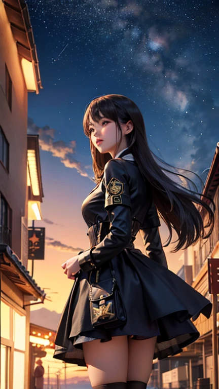 Adult Girls。cute、City of night、Looking up at the stars in the sky、Serious face、Composition from below rear、Tons of stars、No exposure