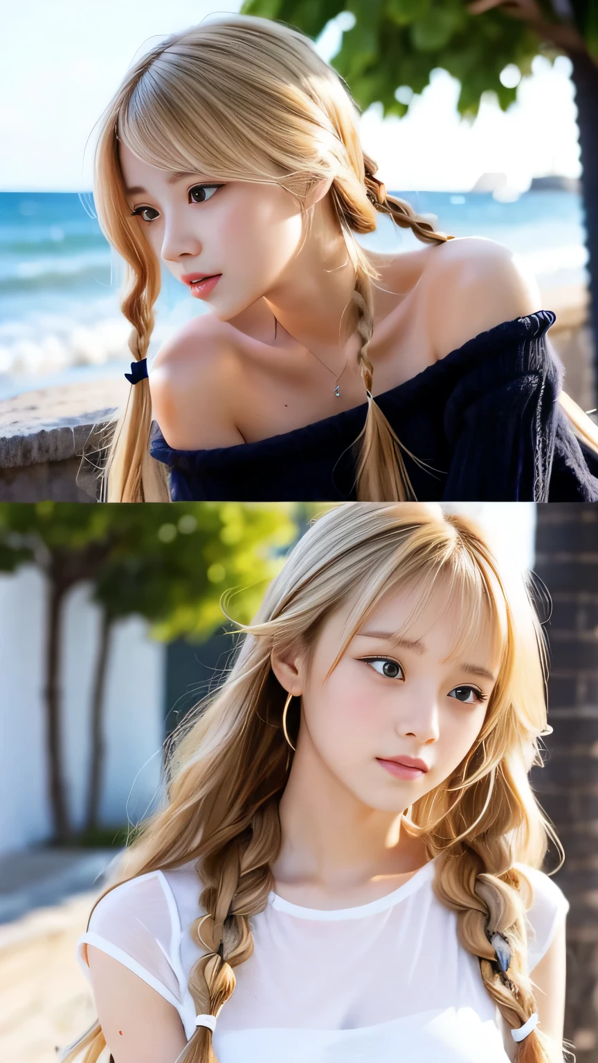 Sexy Big 、Sexy cute looks and cute 15 year old beautiful girl, beautiful and sexy face、A strong wind blows my hair in front of my face、beautiful long blonde French braided hair、beautiful, Cute and sexy eyes hidden behind long bangs、Yawn、