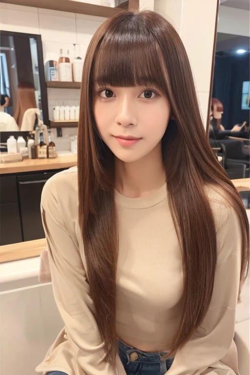 - (Best quality, 1 beautiful woman, milk tea colored long straight hair, blunt bangs, casual outfit, hair dyeing process, hair salon, stylist working, relaxed expression)
