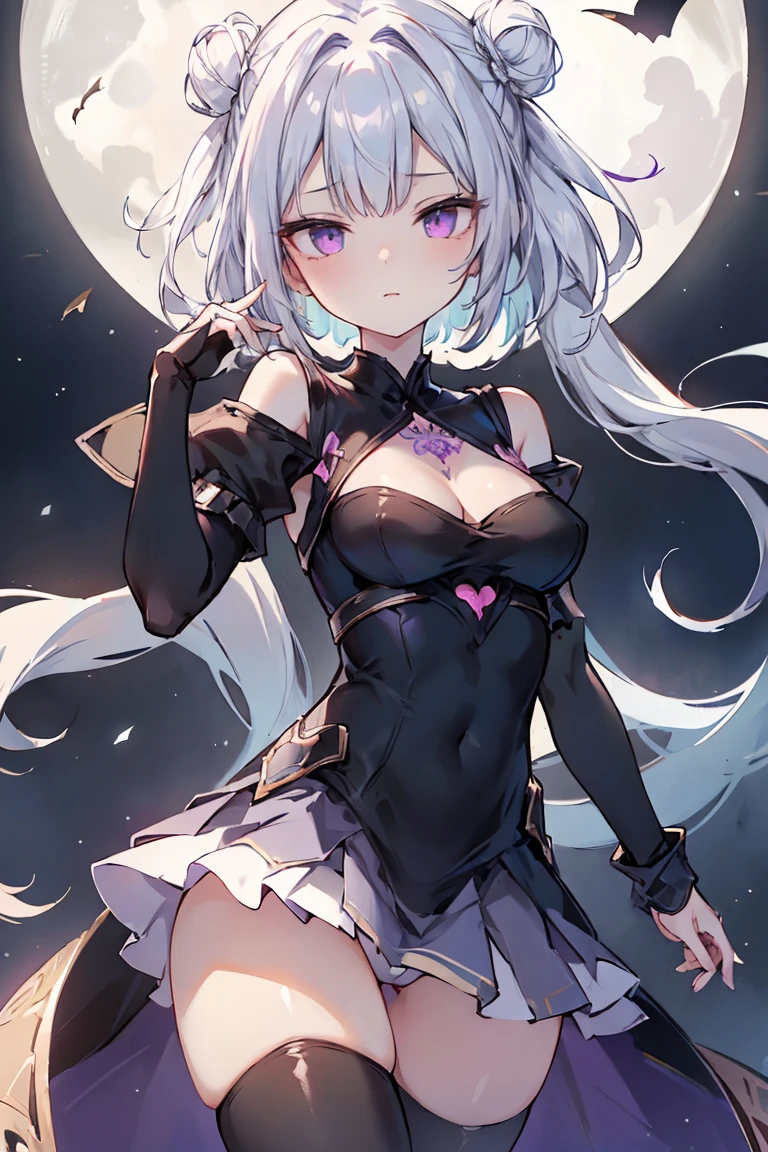 1girl, anime, cute girl, blank background, white background, fantasy, detailed fantasy dress with highlights, beautiful face, beautiful eyes, dark colors, black hair with multicolor streaks, red eye with different color pupil in eye, multicolor eye, medium breasts, slight cleavage, beautiful skin, cute, breast curtains, extremely delicate and beautiful, (beautiful detailed face:1.0), (detailed deep eyes), symmetrical breasts, deep eyes, shiny skin, portrait, slender waist, hips wider than shoulders, thighs, expressionless, young girl, luminous eyes, adorable,(Kpop idol),(aegyo sal:1),(Platinum blonde hair:1),((puffy eye)),Black panty,sexy posture,Superskirt, Ultra-high resolution,Black collar,slim figure, Abdominal y tattoo, womb tattoo,Tight-fitting leg ring,y tattoo on half-body,Bare skin, Armored hand,Hidden fingertips,Hand covered,Arm covered,Fist covered,{{beautiful detailed fingers}}, tufts of hair, moderate beautiful breast:1.0,(masterpiece:1.2), best quality, high-res, HDR, perfect face, intricate armor, delicate blue filigree, intricate filigree, red metalic parts, detailed part, dynamic pose, dynamic lights, cute face, neutral expression, shuimobysim, lotus, hanfu, maxi skirt, dress conservatively 1girl, solo, long blue hair, standing, One lady,14years,((White hair) ,(Shiny purple bodysuit with microskirt),((Fantasy, Moon Night)), gradient_eyes,