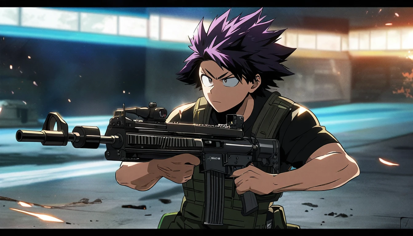 Anime,male,Black shirt,M4A1 Gun weapon,a shooter,violet hair,Black hair,My Hero academia style,effect,HD,Anime Styles