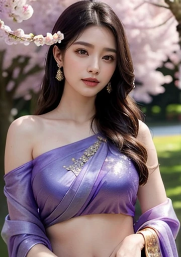 beautiful detailed eyes, beautiful detailed lips, extremely detailed eyes and face, long eyelashes, 1girl, beautiful Korean girl, exquisite bridal glitter purple saree, beautiful silky bridal glitter purple saree, standing in front of a Yoshino Cherry trees, many Yoshino Cherry trees, ethereal lighting, soft pastel colors, realistic, realistic face, realistic skin, realistic body, cinematic lighting, dramatic composition, masterpiece, best quality, 4k, 8k, highres, ultra-detailed, photorealistic, professional, vivid colors, ethereal aura, serene expression, dappled sunlight filtering through the blue blossoms, lush green foliage, highly detailed, cinematic lighting, vibrant colors, nature, (smile1.2), upper body shot, clear face, cute, navel showing,