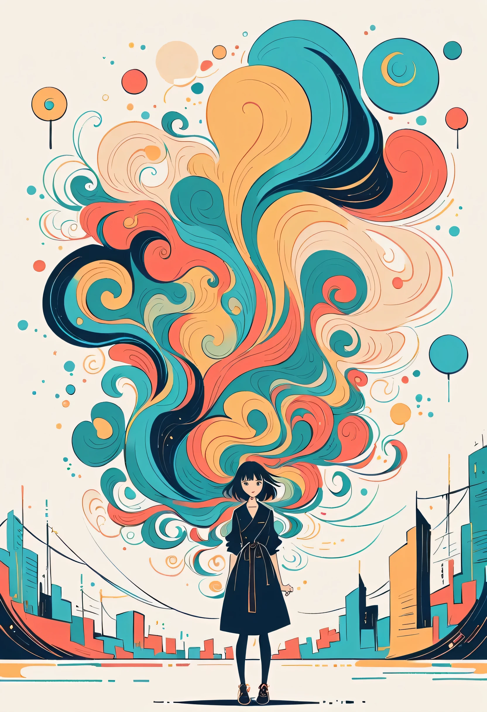 Watase Seizo style, Standing in front of a high wall,Simple Line Initialism,Abstract art,Urban Background, (((The most beautiful girl))),