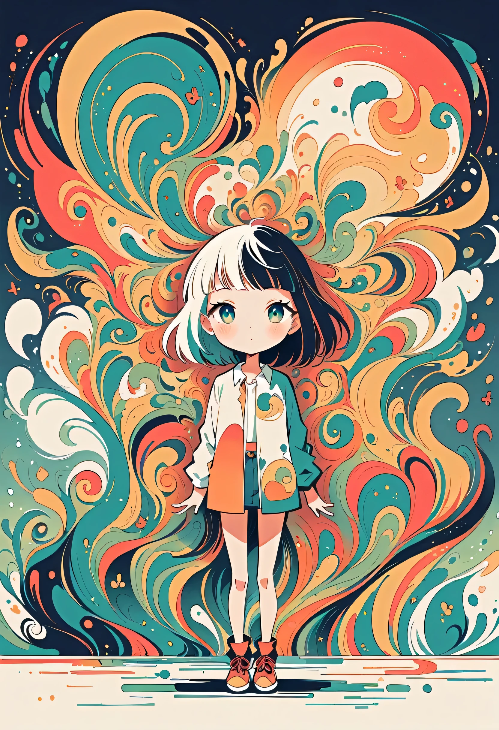 Watase Seizo style, Standing in front of a high wall，Simple Line Initialism，Abstract art，Urban Background, (((The most beautiful girl))),