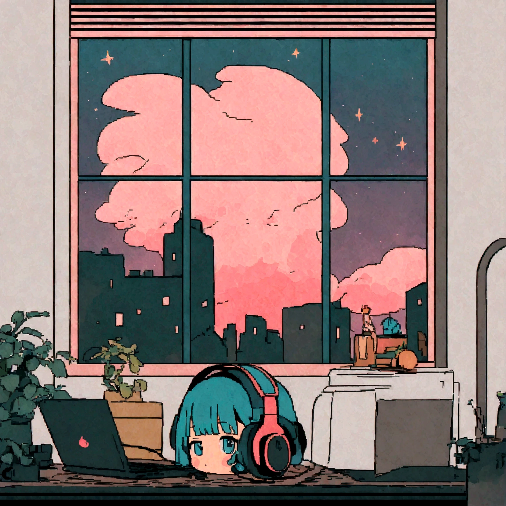 Anime girl sitting at a table with a laptop and headphones, Night view from the window, zeroガール, Praise the art style, Portrait of Rofi, Lofi Art, Low-fi Sensation, zero, zeroバイブ, Chill Hop, Lo-fi girl aesthetic, Lo-fi art, zeroカラー, Lo-fi style illustration, Hip Hop Lofi, Lo-fi aesthetic