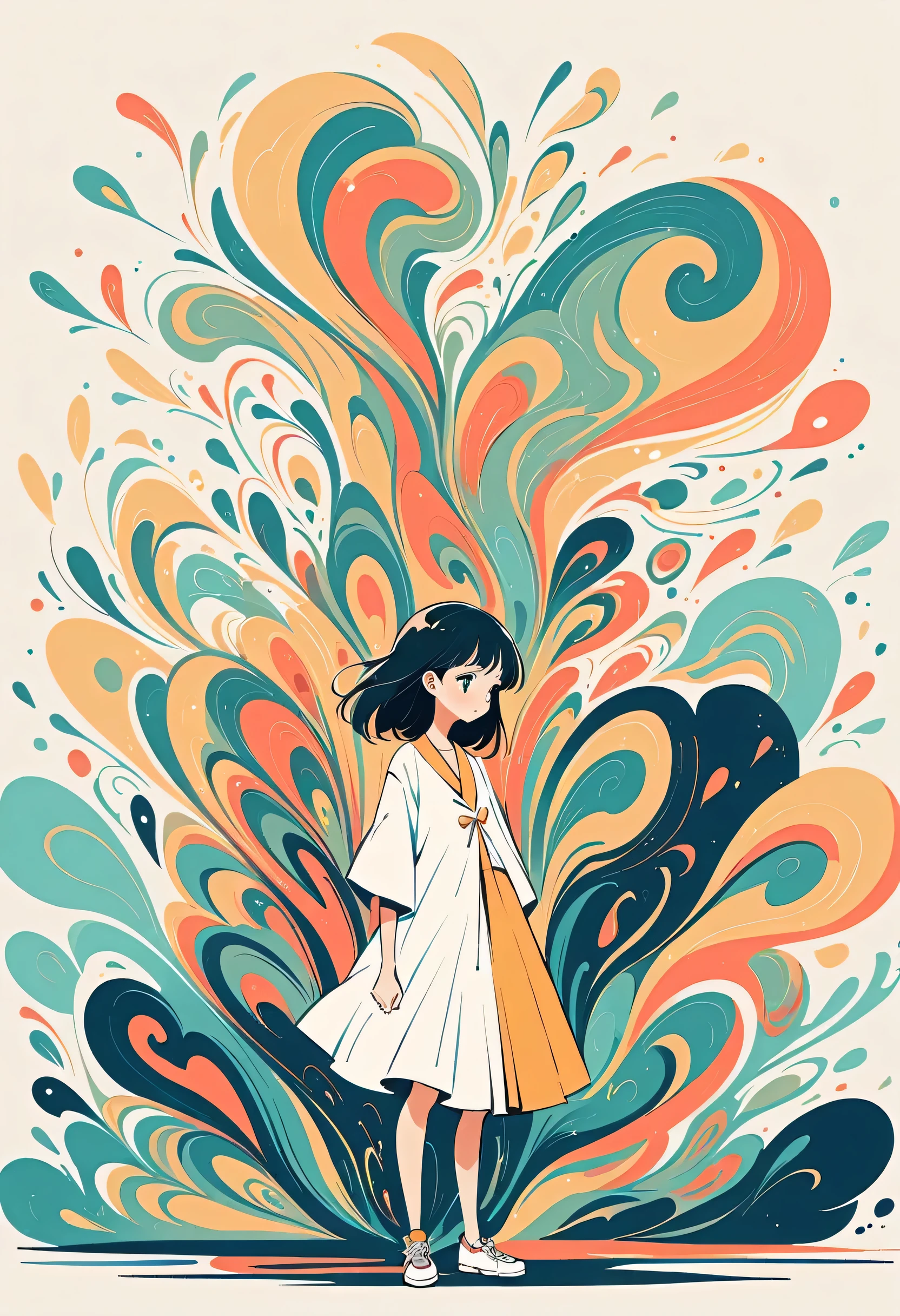 Watase Seizo style, Standing in front of a high wall,Simple Line Initialism,Abstract art,Urban Background, (((The most beautiful girl))),