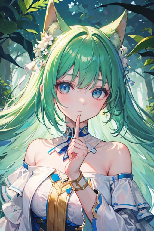 masterpiece, highest quality, Ultra-high resolution, Fluorescent color,, 1 girl, Looking at the audience, Beautiful Face, Beautiful Eyes, (Off the shoulder: 1.2), Lift your head, Upper Body, forest, Shiny Hair, Shiny skin, Shining Cut, Little, Adjusting the Finger Ratio
