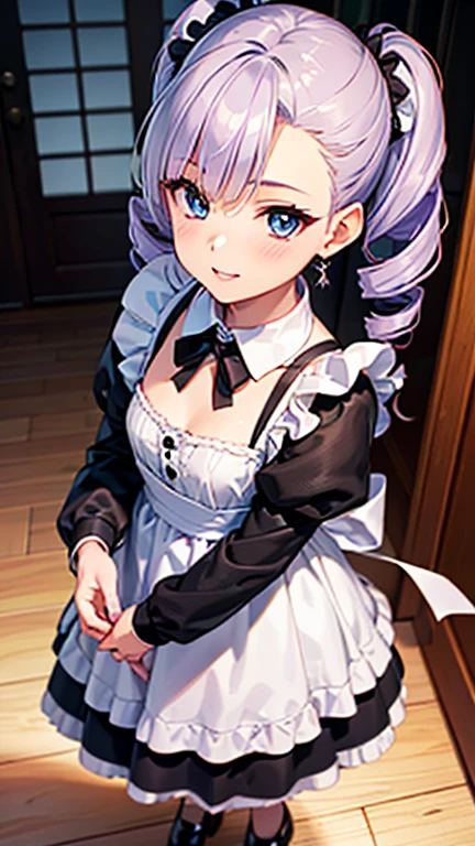 A girl is posing for a photo,pretty girl,Enchanting girl,Anime Girls,
(((One Girl,Baby Face,))),
BREAK
((Black long sleeve maid outfit with long skirt、White apron、With ruffled collar、Black Stockings、Black heel shoes))、Earrings、Black nail polish、
BREAK
((Light purple hair)), ((Drill Hair Twin Tail、slicked back hair))
(Drooping eyes,blue eyes),(Small breasts),
BREAK
(Beautiful Hair,Shiny Hair),
(Expression of fine eyes,Beautiful and delicate eyes,Sparkling eyes,Eye Reflexes),
(double eyelid,Long eyelashes),
(Beautiful Nose,Thin Nose),
(Glossy lips,Beautiful Lips,Thick lips),
(Symmetrical facial features,Perfect Face),(((Detailed skin,Oily skin,Textured skin,Beautiful Skin))),
BREAK
(Wicked Smile),
((noon、Western-style architecture:1.4、corridor、sunlight)),((Turn your body towards the viewer、Spread your hands to the left and right、Upper Body Shot)),
BREAK
(((highest quality)),((masterpiece)),((Very detailed))),((High resolution),(8k),(16k,1080p),(Anime 2D Rendering)),(Anatomically correct),
((Realistic)), (The best CG),Highly detailed art,CG illustration,