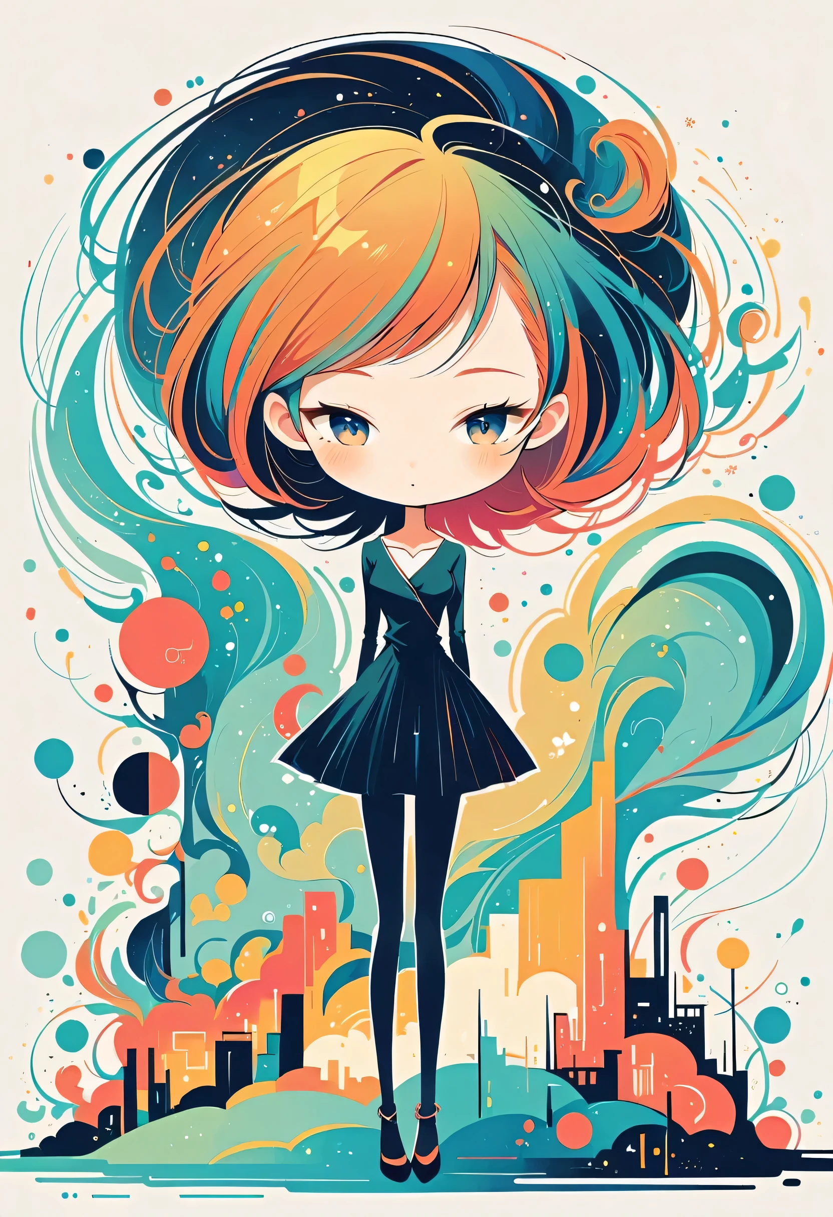 Watase Seizo style, Standing in front of a high wall，Simple Line Initialism，Abstract art，Urban Background, (((The most beautiful girl))),
