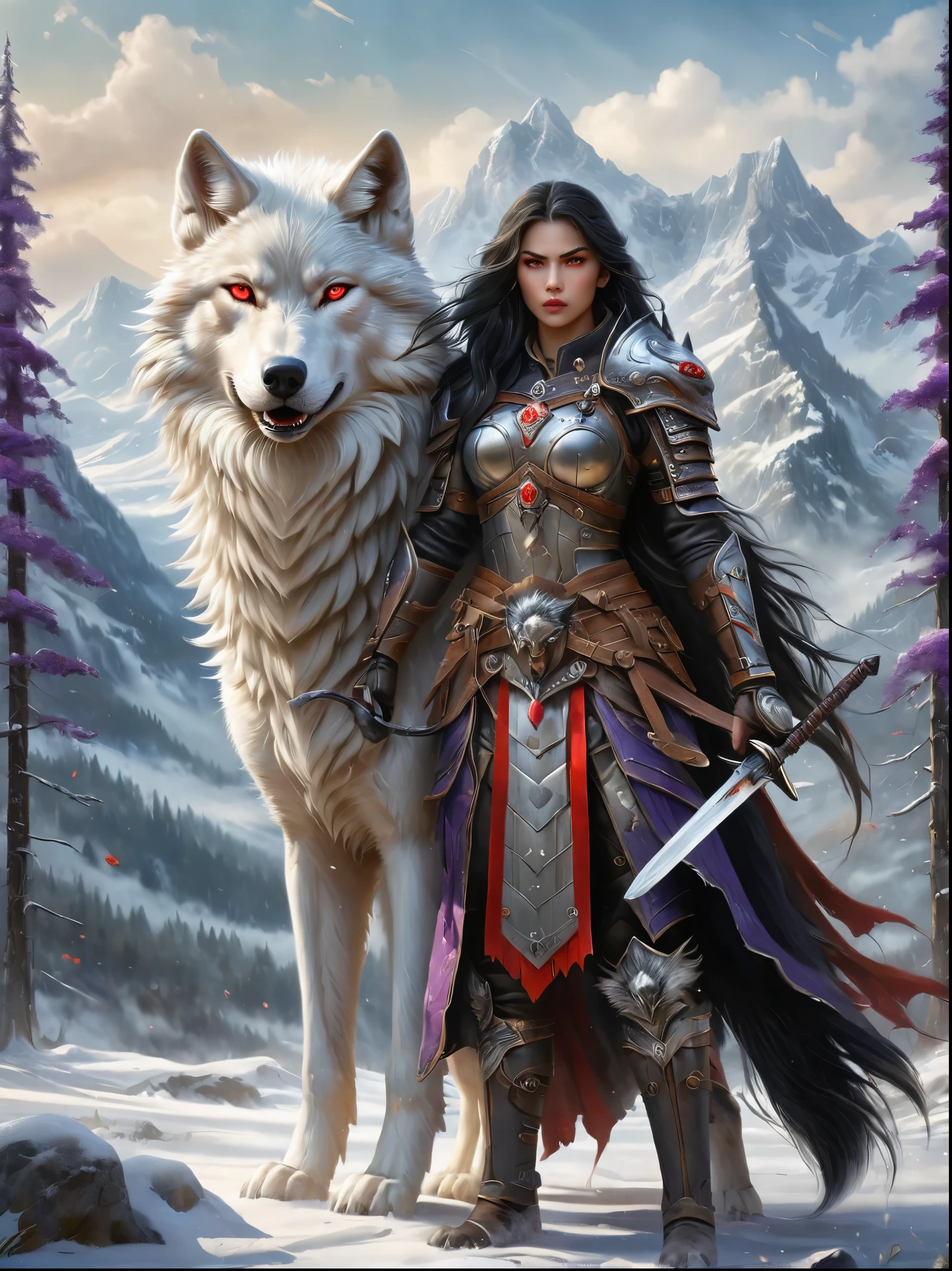 north female warrior，Wears a steel breastplate with wolf decoration，Lined with wolf leather，Lined leather amulet，Black long hair，Violet eyes，Wielding a long sword，(1 red-eyed albino direwolf standing beside her)，Mountains，Quiet snow forest，full-body shot，Cartoon Style，Super Detail，Anatomically correct, masterpiece, accurate, textured skin, super detail, high details, award winning, 8k