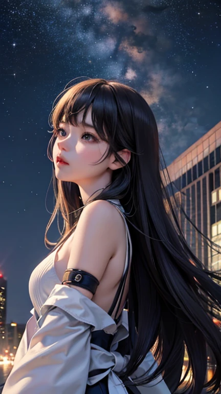 Adult Girls。cute、City of night、Looking up at the stars in the sky、Serious face、Composition from below rear、Tons of stars、