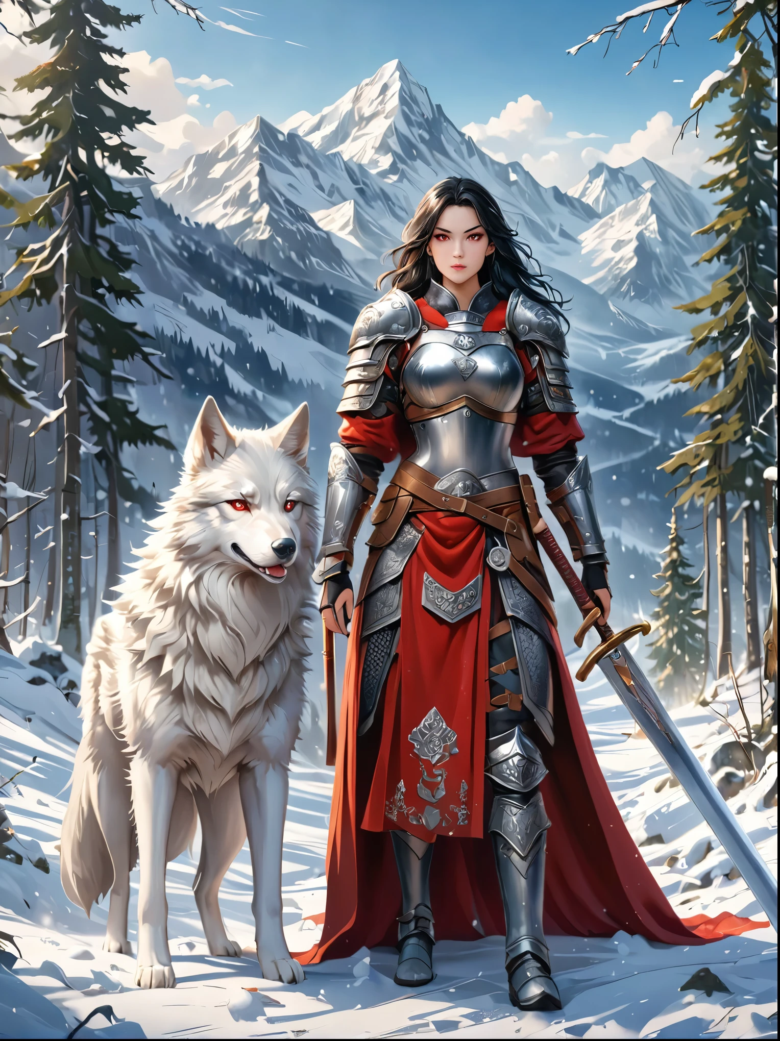 north female warrior，Wears a steel breastplate with wolf decoration，Lined with wolf leather，Lined leather amulet，Black long hair，Violet eyes，Wielding a long sword，(1 red-eyed albino direwolf standing beside her)，Mountains，Quiet snow forest，full-body shot，Cartoon Style，Super Detail，Anatomically correct, masterpiece, accurate, textured skin, super detail, high details, award winning, 8k