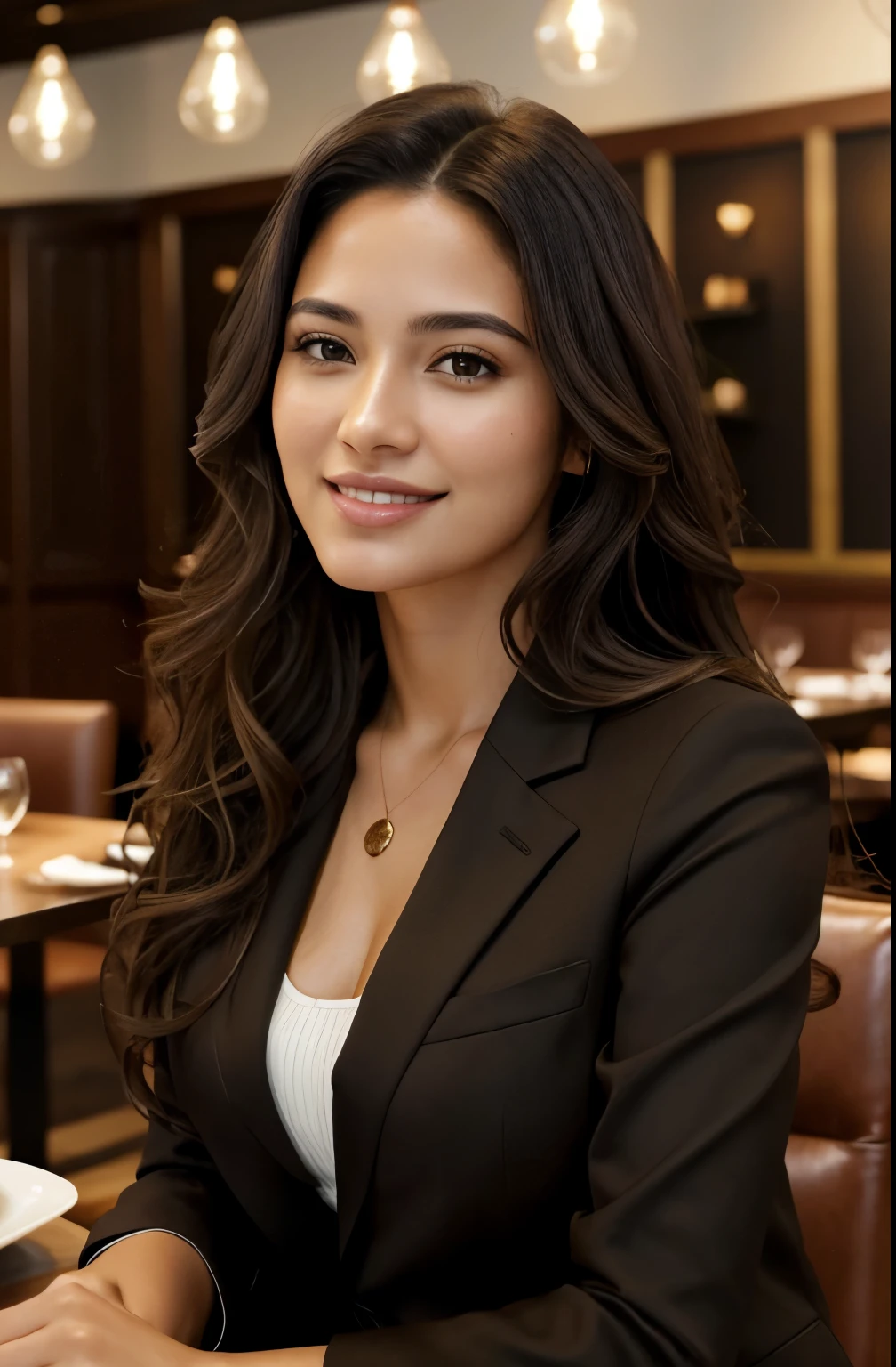 1 adult female, Long Hair, Curly Hair, Black hair color, Smooth Skin, Brown eyes, With a smile, Vegetation, hour々, Business woman style clothing, Light Brown Blazer, Realist, With fine dining restaurant background, 8k super Realist, super detalhado e Realist