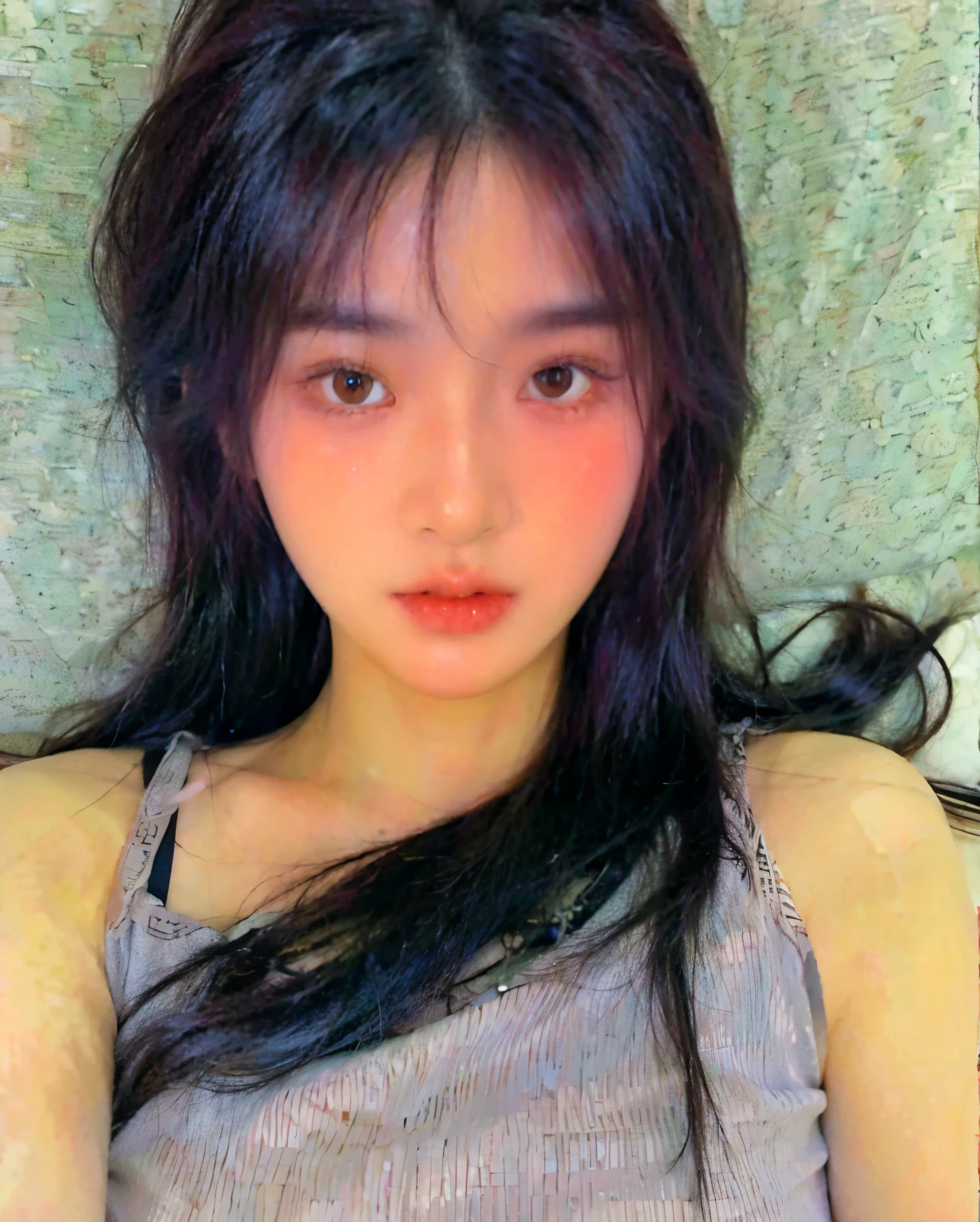 Araped Asian woman with long black hair lying on bed, Heonhwa Choi, Best Face, Jinyoung Canella, Jaeyeon Nam, Dom Yunju, Jenny Blackpink, jimin park, Lee, Ji - Eun, Lee, Ji - Eun, Cute and lovely Korean face, She has black hair with bangs., Larisa Manoval, Young and lovely Korean face