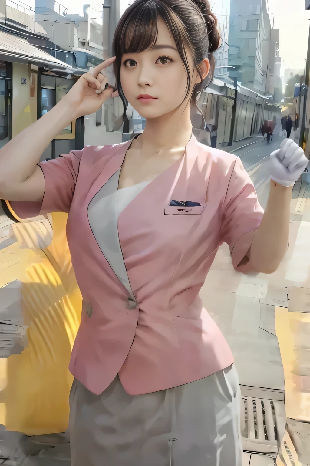 (masterpiece:1.2, highest quality:1.2), 32K HDR, High resolution, (alone、1 girl)、(On the rooftop of a building in the daytime、Professional Lighting)、Building rooftop background、(Nankai train crew uniform pinkを着たリアルスタイル)、(Nankai train crew uniform pink short sleeve pink jacket、Nankai Train Crew Uniform Pink Collarless Short Sleeve Blouse、Nankai Train crew uniform pinkのグレー色のキュロットスカート)、Dark brown hair、(Hair tied up、Hair Bun、Hair Bun)、Dark brown hair、Long Shot、Big Breasts、Thin legs、((Great hands:2.0)),((Harmonious body proportions:1.5)),((Normal limbs:2.0)),((Normal finger:2.0)),((Delicate eyes:2.0)),((Normal eyes:2.0)))、Captivating look、(Nankai Train crew uniform pinkのグレー色のキュロットスカートを見せた美しい歩く姿)、Keep your hands natural