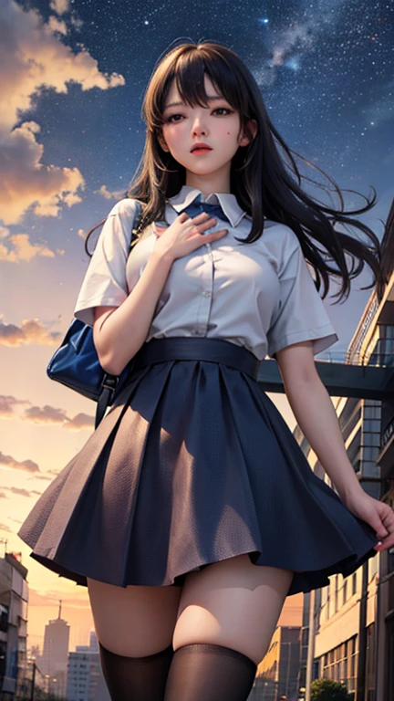 Adult Girls。cute、City of night、Looking up at the stars in the sky、Serious face、Composition from below、Tons of stars、Place your hand on your 、Fluttering skirt