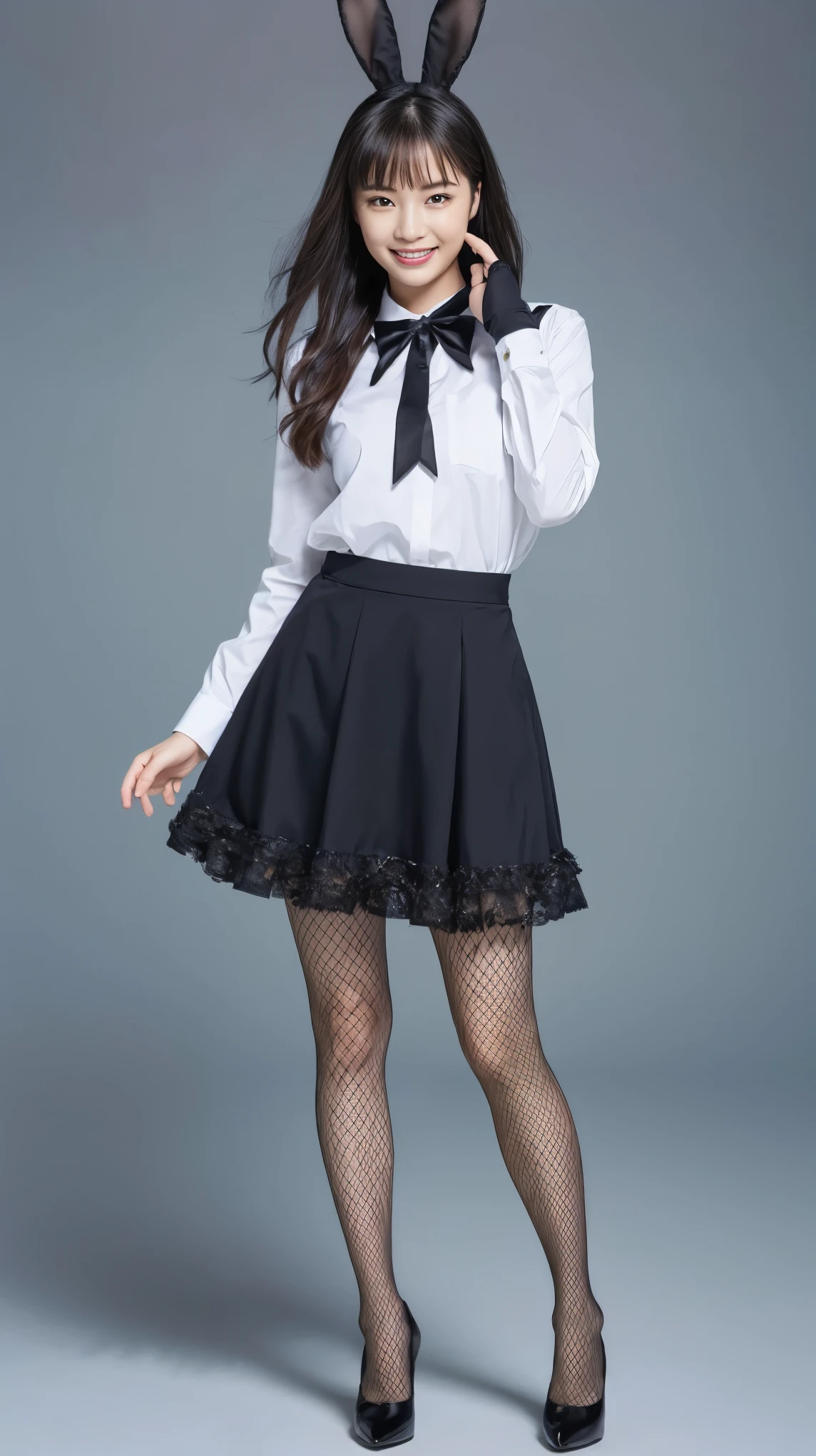 Bunny girl in maid clothes:1.5,Wearing light blue fishnet stockings:1.5,The best smile:1.5,Full Body Shot:1.5,Gray background:1.5,Wearing black high heels:1.5,
