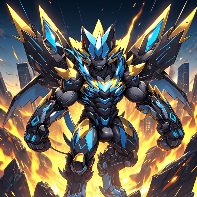 (ZERAORA, 8K), giant mechanical Muscular Zeraora is trampling the city, NSFW, Zeraora is over 1000 meters long.
Additional details: (masterpiece, official art, 8k, best quality) terrifying and imposing design, (smoke and flames rising from the destruction in the background, a lone figure) (high-tech bio-mecha armor, real texture material), (gigantic muscles, Gigachad Muscular, big muscle, pecs, triceps, traps, unusually developed muscular body, body full of huge muscles. showing off muscles, pectorales enormes, Exaggeratedly huge muscles.),(Spread wings, It has wings, have big wings, golden wings), (whole body shines like metal, Wearing cyberpunk mecha, emphasizes the muscles, suit fully made of metal, intricate armor, Robotic suit, suit fully made of metal, cyborg), (giant zeraora, Zeraora's giant robot, Powered exoskeleton with the same design as Zeraora), (Masterpiece, highres) (Detailed head, Detailed Body, Detailed abs, full body), (black color hyper penis, hyper black penis),