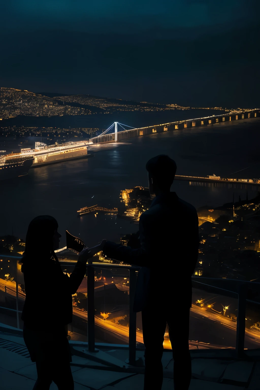 Dark night scene with dark blue lighting. A girl stands on a ledge and tries to catch another young man falling from above, with a background showing the outlines of a city or an Istanbul bridge in the distance