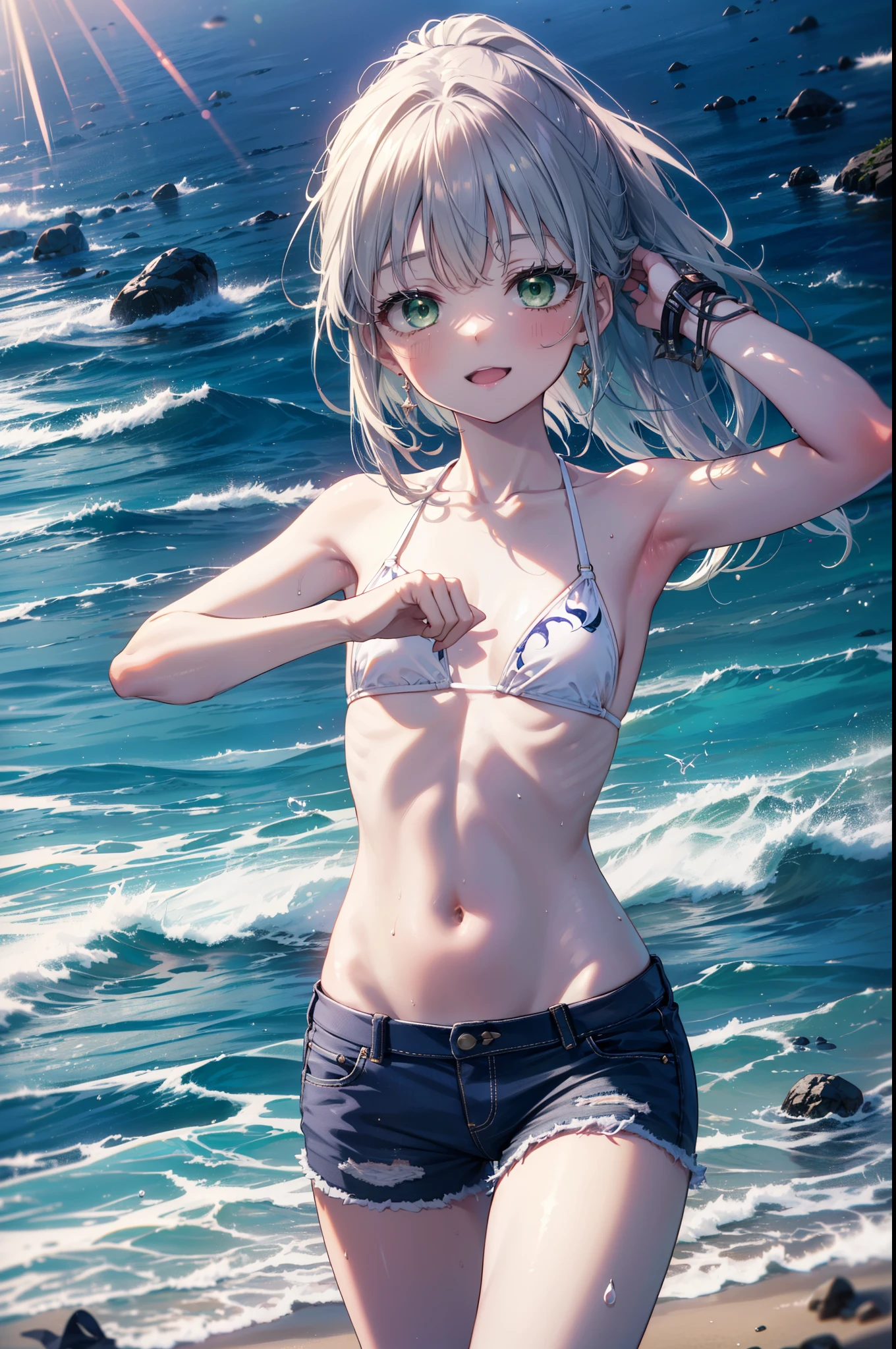 index, index, (Green Eyes:1.5), Silver Hair, Long Hair, (Flat Chest:1.2),happy smile, smile, Open your mouth,White Bikini Swimsuit,Short denim,barefoot,barefoot,ponytail,
壊す looking at viewer, whole body,(Cowboy Shot:1. 5)
Destroy outdoors, Sandy Beach,beach
break (masterpiece:1.2), highest quality, High resolution, unity 8k wallpaper, (figure:0.8), (Beautiful fine details:1.6), Highly detailed face, Perfect lighting, Highly detailed CG, (Perfect hands, Perfect Anatomy),