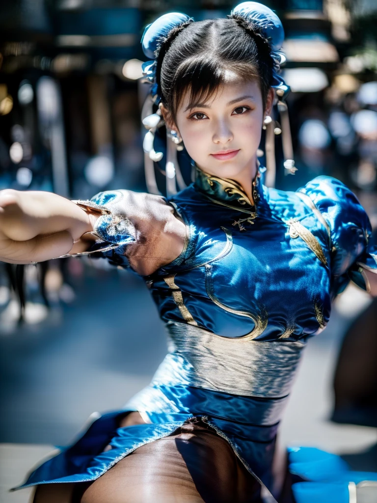 (((High Kick)))、Chun-Li from Street Fight II,The perfect Chun-Li costume,Blue Chinese dress with gold lines,Bun Head,Good cover,Fighting Pose,masterpiece、1 beautiful girl、Fine Eyes、Puffy eyes、highest quality, 超High resolution, (reality: 1.4), Cinema Lighting、Japanese、Asian Beauty、Korean、so beautiful、Beautiful Skin、Body facing forward、Face close-up、(超reality的な)、(High resolution)、(8k)、(Very detailed)、(美しくFine Eyes)、(Very detailed)、 (wall-)、Detailed face、Bright lighting、Professional Lighting、Looking at the audience、Look straight ahead、Diagonal bangs、Nogizaka Idol、Korean Idol、masterpiece, highest quality, masterpiece, highest quality, Perfect Face, Perfect brown eyes with white sclera, Bad move -5, alone, 1 girl, Upper Body, Brown Hair, From SF2, Chinese Language Services, smile, Muscular woman, Blue clothes, pantyhose, Pelvic Curtain, Puff short sleeves, Good cover, sash, evaluation:safety