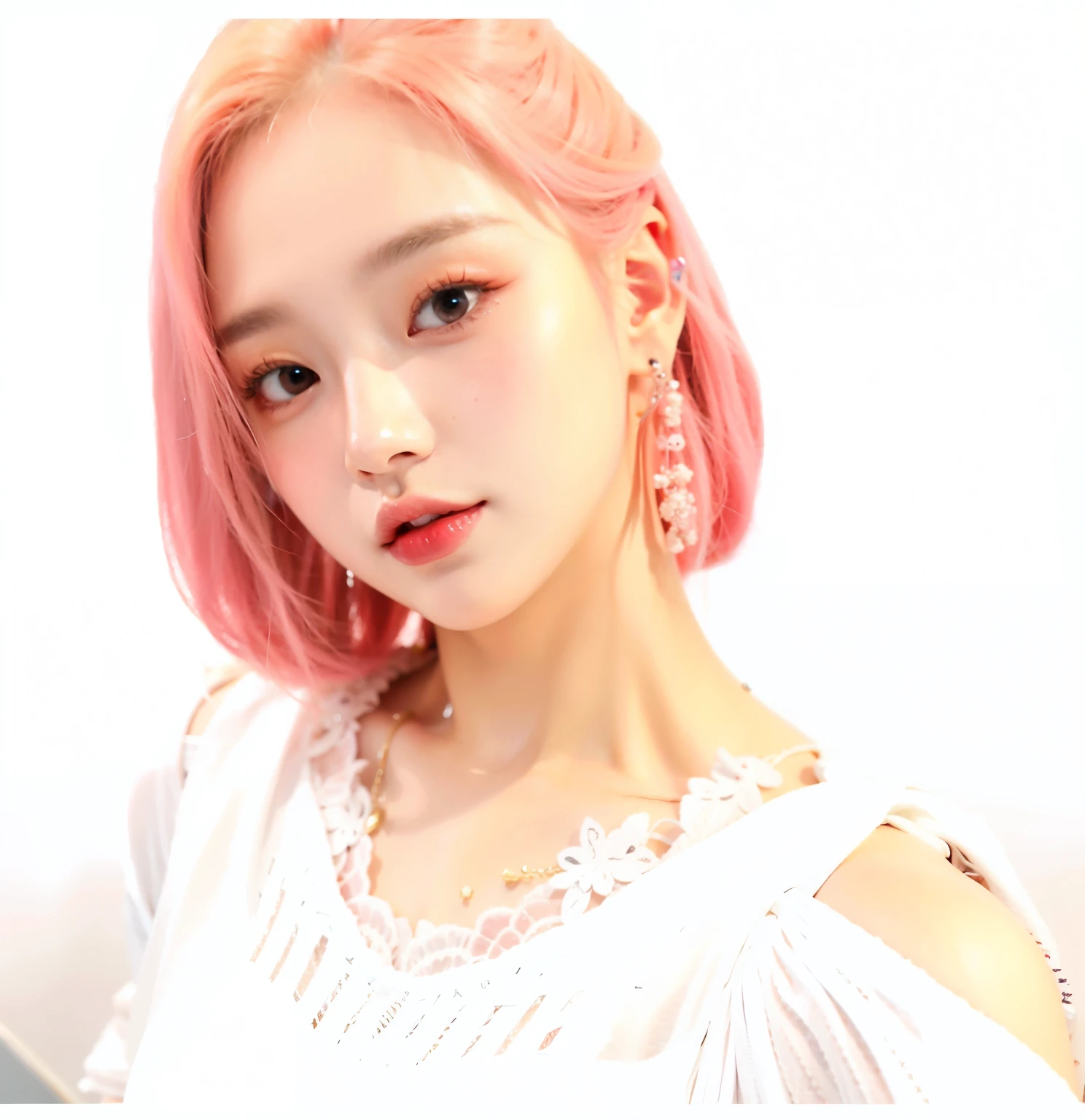 pink 머리와 흰색 상의를 입고 사진을 찍기 위해 포즈를 취하는 아라페 소녀, pink 머리를 가진, Blackpink's Roseanne Park, Blackpink's Josh, pink 생머리, sun yunjoo, Pink hair is flowing, pink hair, portrait of Blackpink's Josh, pink 묶은 머리카락, her hair is white, ((pink)), 짧은 pink 머리를 가진 귀여운 소녀
