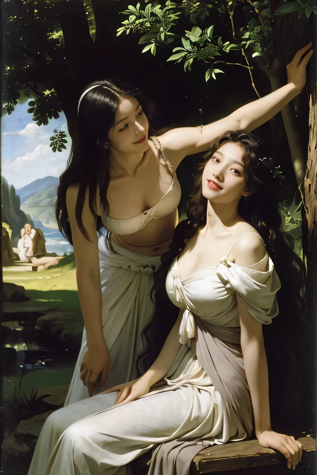 Giorgione painting style,Barbizon forest A beautiful woman in Greek dress smiles on the shore,Sweet and seductive appearance.、Caravaggio's paintings、Chiaroscuro of Caravaggio、hair tousled by the wind,Two women frolicking,cute smile, expression of ecstasy,Sexy,erotic, full body portrait