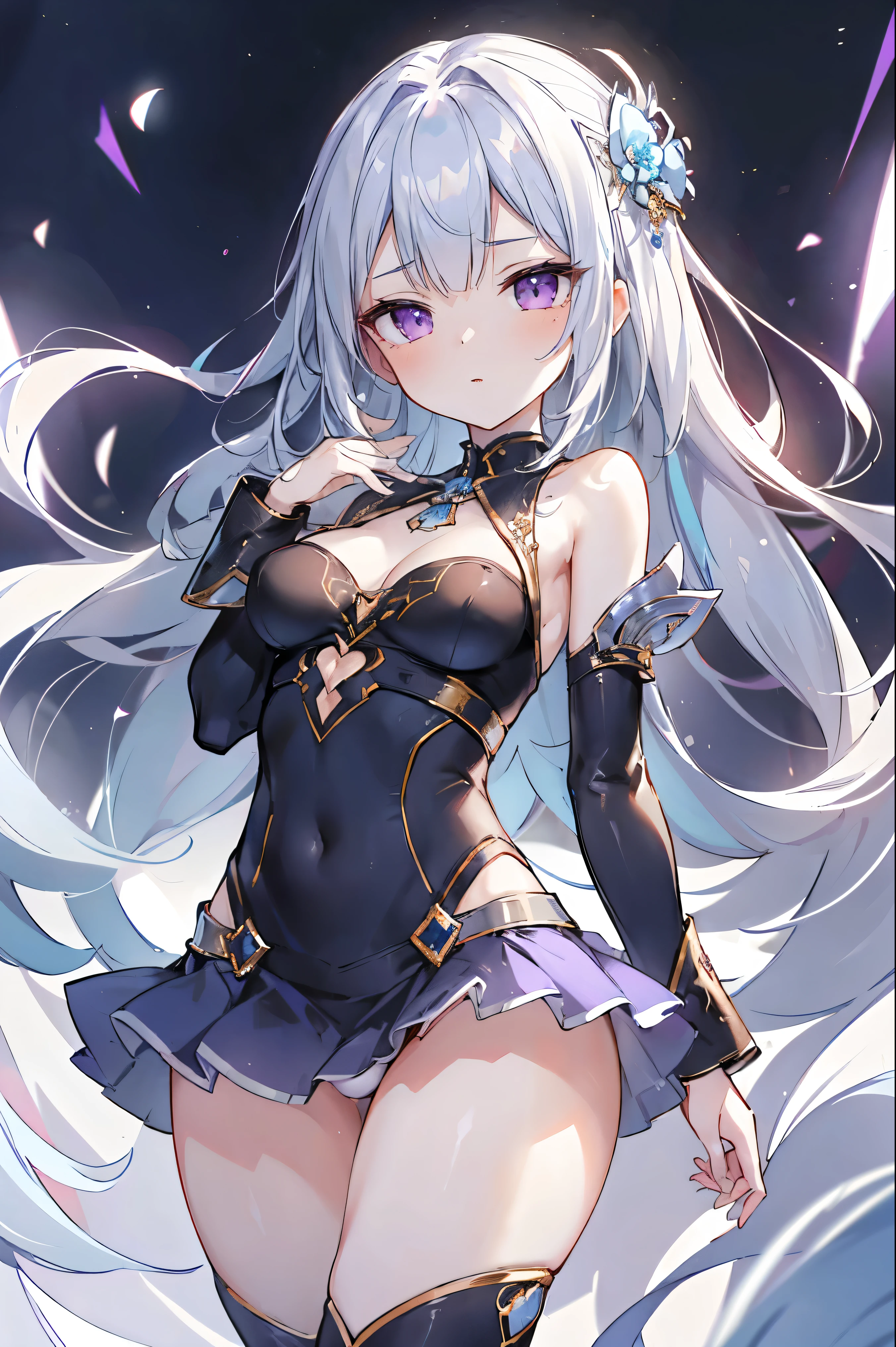 1girl, anime, cute girl, blank background, white background, fantasy, detailed fantasy dress with highlights, beautiful face, beautiful eyes, dark colors, black hair with multicolor streaks, red eye with different color pupil in eye, multicolor eye, medium breasts, slight cleavage, beautiful skin, cute, breast curtains, extremely delicate and beautiful, (beautiful detailed face:1.0), (detailed deep eyes), symmetrical breasts, deep eyes, shiny skin, portrait, slender waist, hips wider than shoulders, thighs, expressionless, young girl, luminous eyes, adorable,(Kpop idol),(aegyo sal:1),(Platinum blonde hair:1),((puffy eye)),Black panty,sexy posture,Superskirt, Ultra-high resolution,Black collar,slim figure, Abdominal y tattoo, womb tattoo,Tight-fitting leg ring,y tattoo on half-body,Bare skin, Armored hand,Hidden fingertips,Hand covered,Arm covered,Fist covered,{{beautiful detailed fingers}}, tufts of hair, moderate beautiful breast:1.0,(masterpiece:1.2), best quality, high-res, HDR, perfect face, intricate armor, delicate blue filigree, intricate filigree, red metalic parts, detailed part, dynamic pose, dynamic lights, cute face, neutral expression, shuimobysim, lotus, hanfu, maxi skirt, dress conservatively 1girl, solo, long blue hair, standing, One lady,14years,((White hair) ,(Shiny purple bodysuit with microskirt),((Fantasy, Moon Night)), gradient_eyes,
