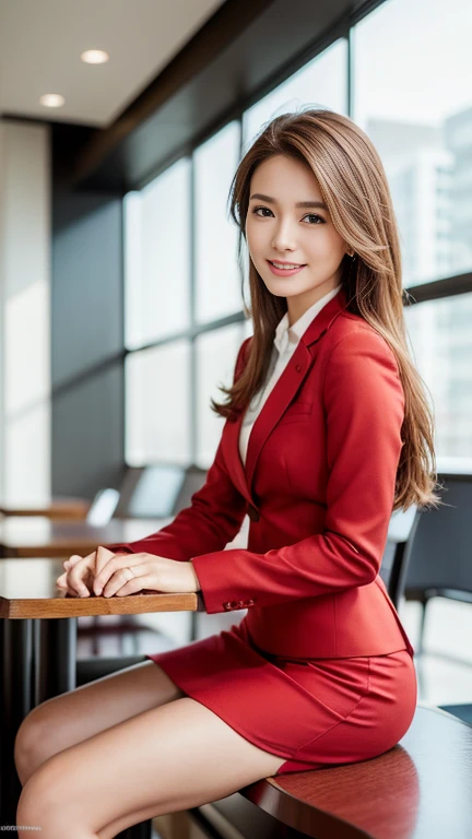  highest quality, Realistic, Very detailed, finely, High resolution, 8k wallpaper, 1. Beautiful woman,, Light brown hair, Wearing a red business suit,wearing a red slit skirt、Natural pose, Sharp focus, Perfect dynamic composition, sitting in a suburban cafe,finelyて美しい目, Thin Hair, Detailed and Realistic skin texture, smile, Model Body Type,Beautiful feet,Full Body Shot,Side Shot,Smile and laugh,